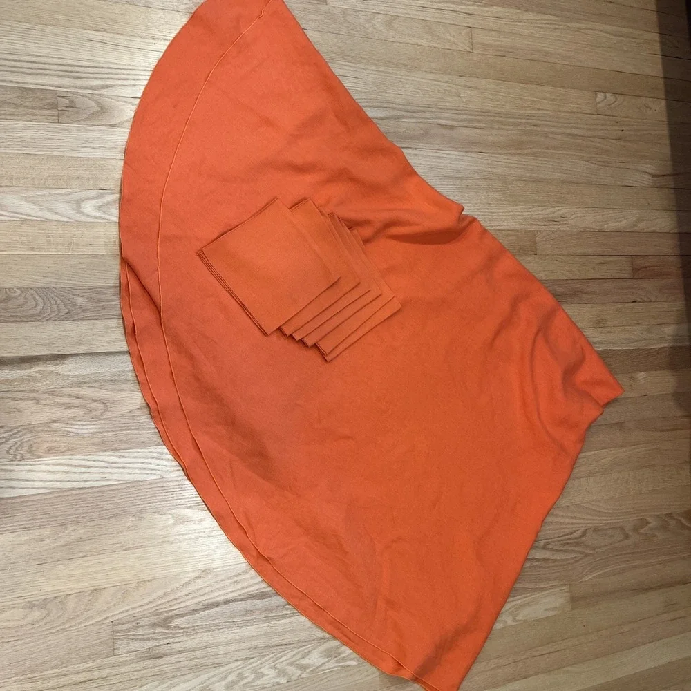 Vtg Burnt Orange Linen Tablecloth Set 6 Napkins Large 68x97 Oval Thanksgiving